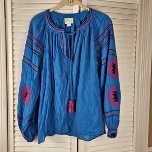 Maeve Anthropologie Womens Blue Runaway Embroidered Peasant Top Small